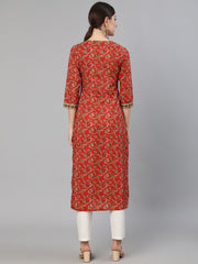 Women Red Floral Printed  Straight Kurta With Three Quarter Sleeves