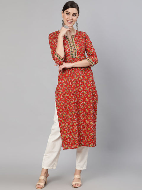 Women Red Floral Printed  Straight Kurta With Three Quarter Sleeves