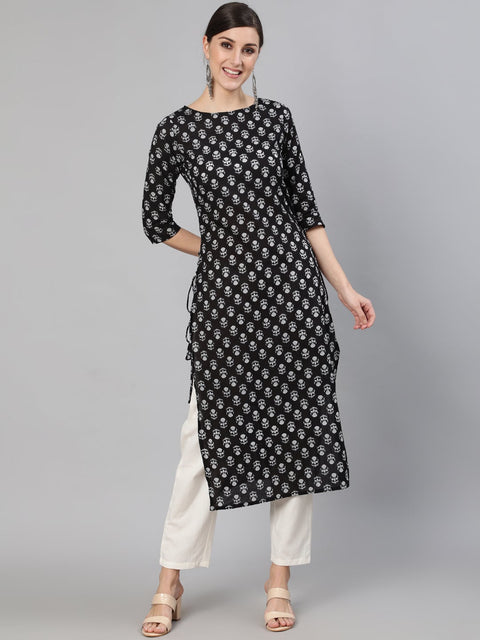 Women Black Ethnic Motif Printed Straight Kurta With Three Quarter Sleeves