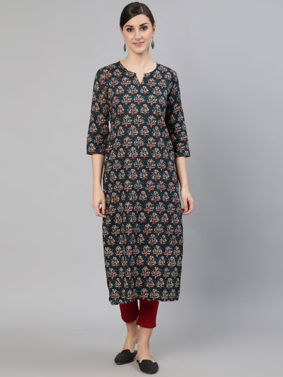 Women Blue Ethnic Printed Straight Kurta With Three Quarter Sleeves
