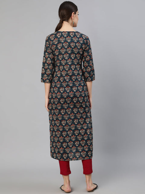 Women Blue Ethnic Printed Straight Kurta With Three Quarter Sleeves
