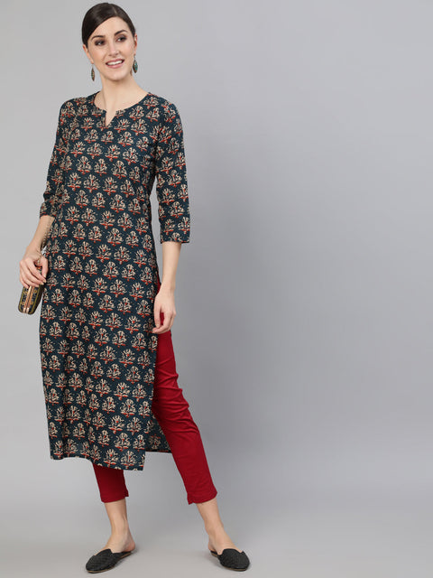 Women Blue Ethnic Printed Straight Kurta With Three Quarter Sleeves
