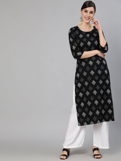 Women Black Geometric Printed Straight Kurta With Three Quarter Sleeves