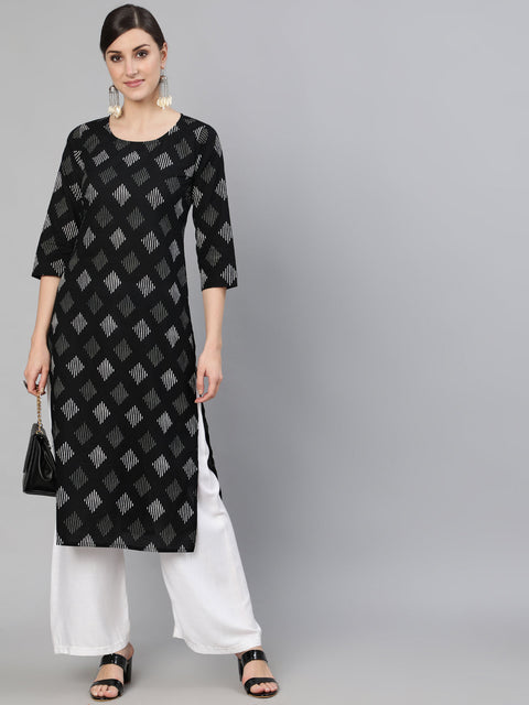 Women Black Geometric Printed Straight Kurta With Three Quarter Sleeves