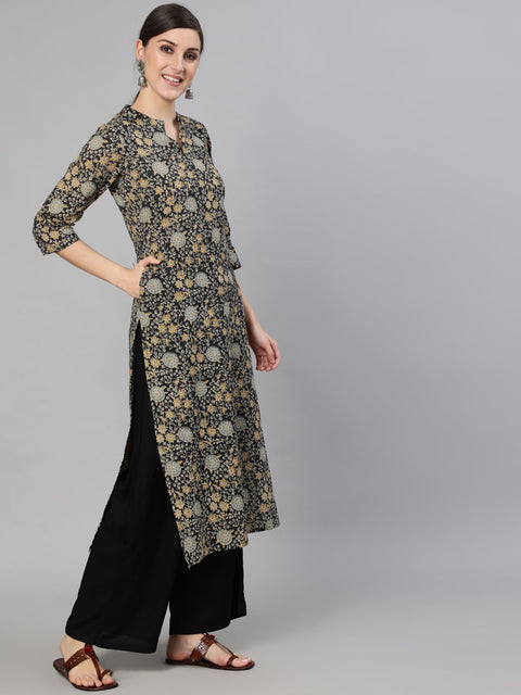 Women Black & Cream Floral Printed Kurta With Three Quarter Sleeves