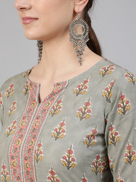 Women Grey Floral Printed  Straight Kurta With Three Quarter Sleeves