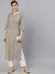 Women Grey Floral Printed  Straight Kurta With Three Quarter Sleeves
