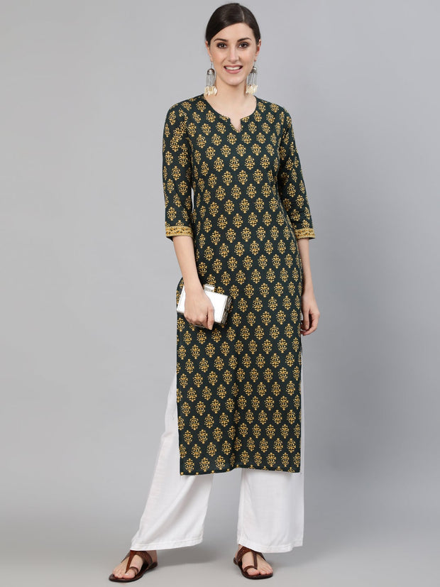 Women Green Ethnic Printed Straight Kurta with Three Quarter Sleeves