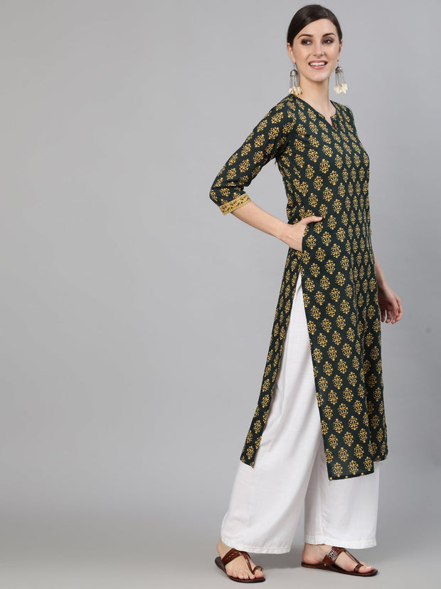 Women Green Ethnic Printed Straight Kurta with Three Quarter Sleeves