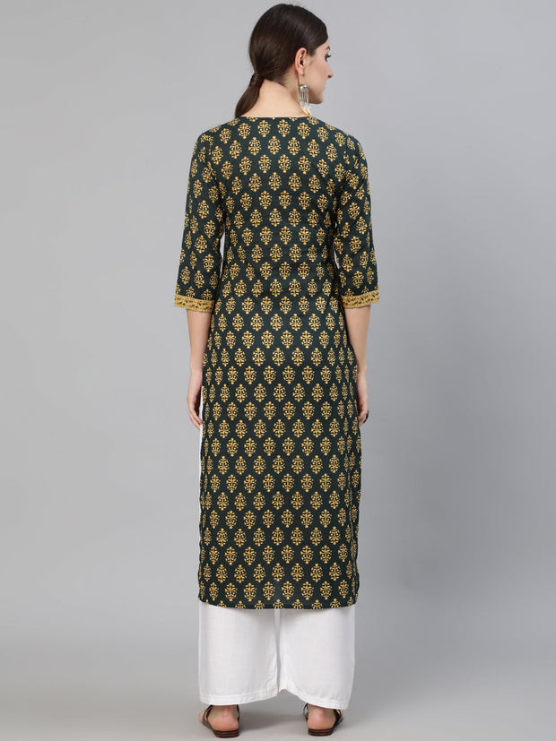 Women Green Ethnic Printed Straight Kurta with Three Quarter Sleeves