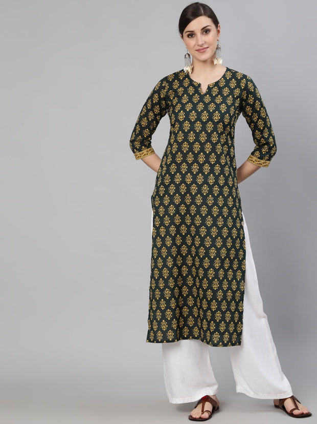 Women Green Ethnic Printed Straight Kurta with Three Quarter Sleeves