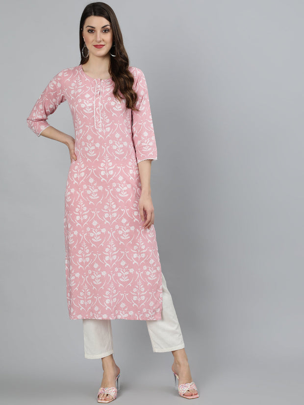 Women Pink Floral Printed Kurta With Three Quarter Sleeves