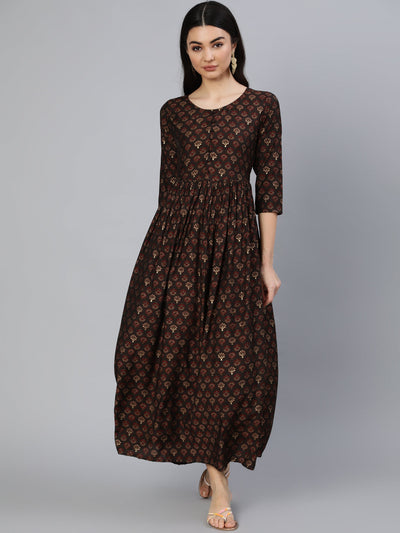 Women Taupe Ethnic Printed Flared Dress