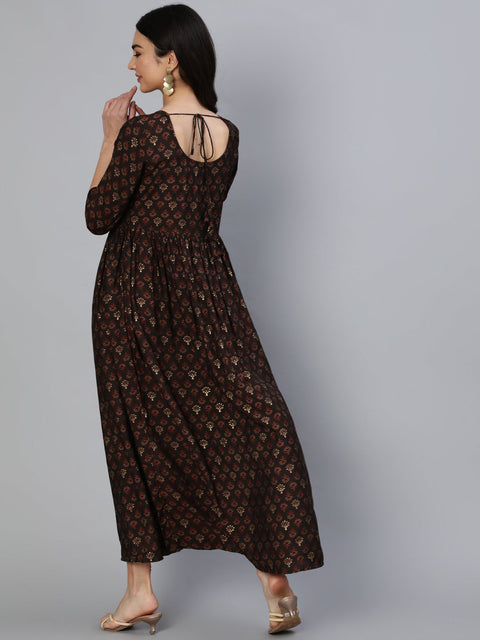 Women Taupe Ethnic Printed Flared Dress