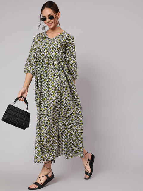 Women Grey Abstrac Printed Gathered Dress With Three Quarter Sleeves