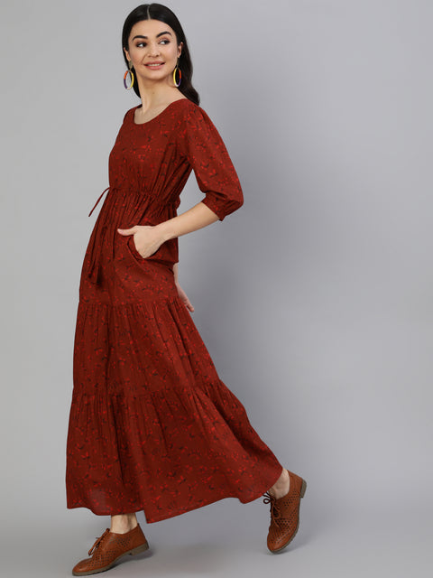 Women Maroon Printed Tiered Dress With Three Quarter Sleeves