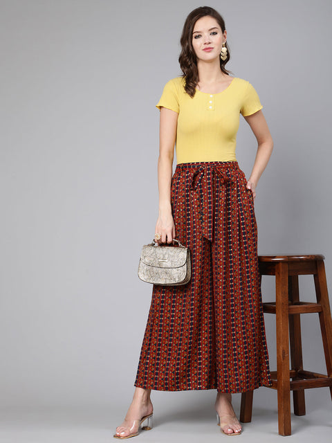 Women Multi Colored Wide Legged Palazo With Side Pockets