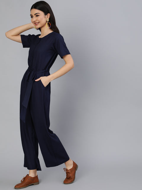 Women Navy Blue Jumpsuit With Side Pockets