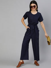 Women Navy Blue Jumpsuit With Side Pockets