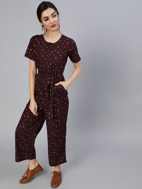 Women Burgundy Printed Jumpsuit With Side Pockets