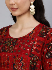 Women Red Printed Dress With Three Quarter Sleeves