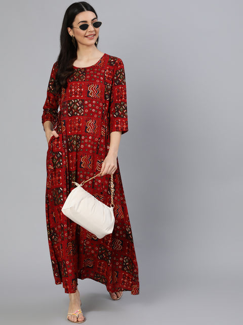 Women Red Printed Dress With Three Quarter Sleeves