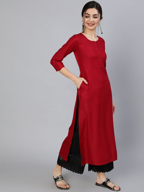 Women Maroon Solid Straight Kurta