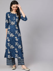 Women Blue Floral Printed Straight Kurta With Three Quarter Sleeves