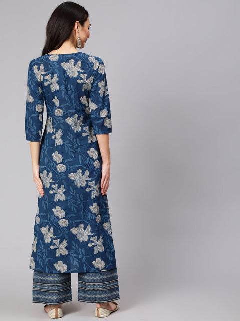 Women Blue Floral Printed Straight Kurta With Three Quarter Sleeves