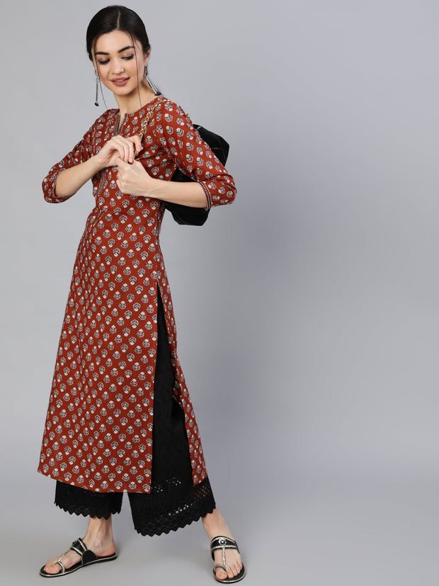 Women Maroon Ethnic Printed Straight Kurta With Three Quarter Sleeves