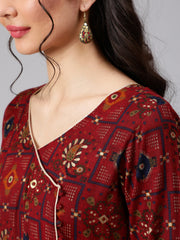 Women Maroon Ethnic Printed Flared Angrakha Dress