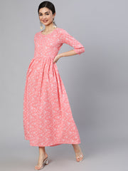 Women Pink Floral Printed Flared Dress With Round Neck