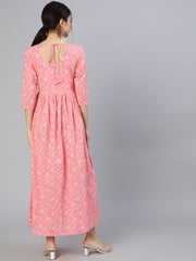 Women Pink Floral Printed Flared Dress With Round Neck