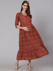Women Rust Ethnic Printed Maternity Dress With Three Quarter Sleeves