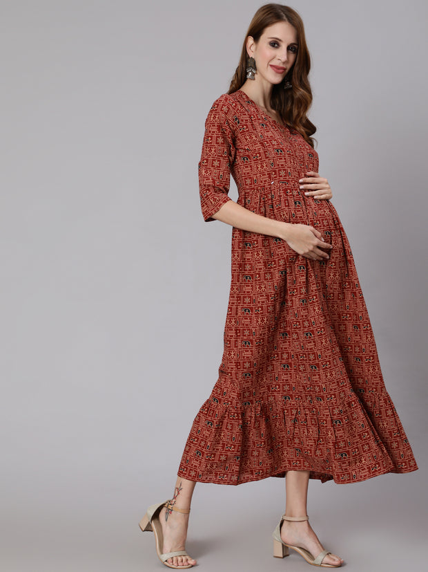 Women Rust Ethnic Printed Maternity Dress With Three Quarter Sleeves