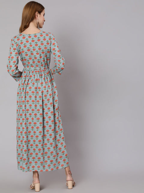 Women Sage Green Floral Printed Flared Dress With Three Quarter Sleeves