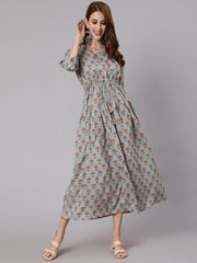 Women Sage Green Floral Printed Flared Dress With Three Quarter Sleeves