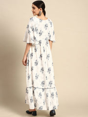 Women Off White Floral Printed Dress With Pockets