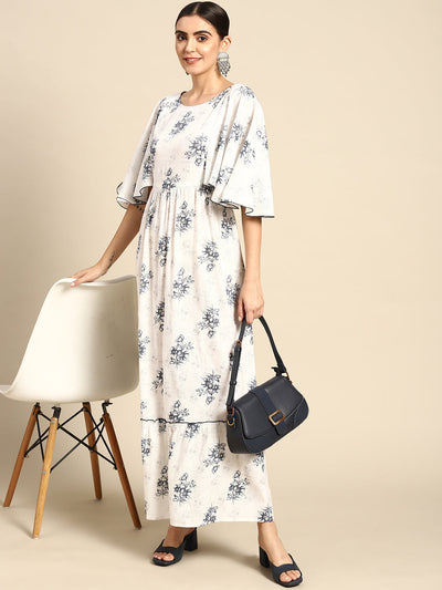 Women Off White Floral Printed Dress With Pockets