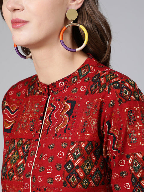 Women Red Printed Ethnic Flared Dress With Three Quarter Sleeves