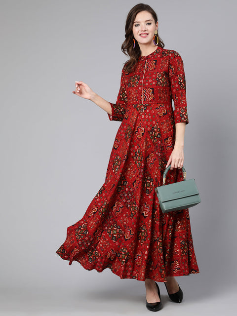 Women Red Printed Ethnic Flared Dress With Three Quarter Sleeves