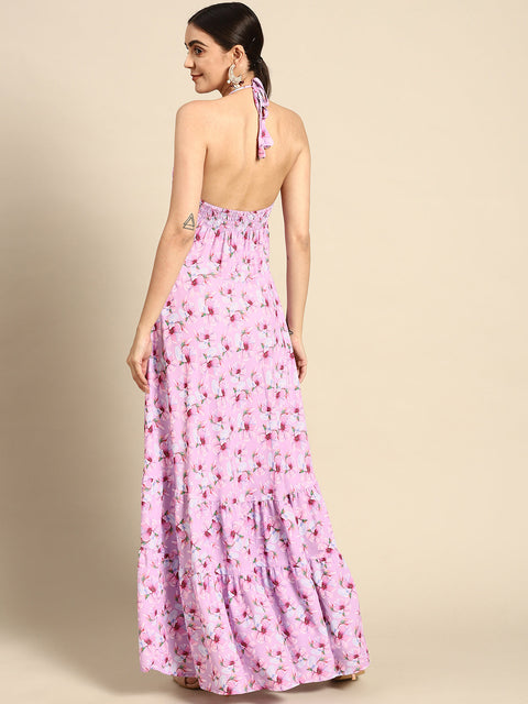 Women Pink Floral Printed Halter Dress