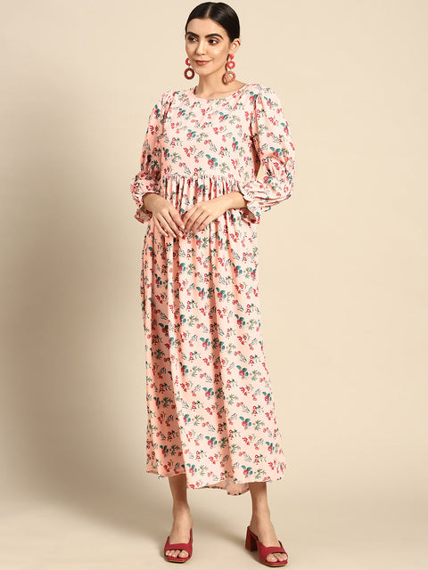 Women Peach Floral Printed Dress With Three Quarter Sleeves