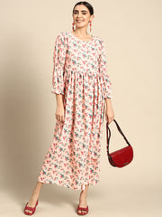 Women Peach Floral Printed Dress With Three Quarter Sleeves