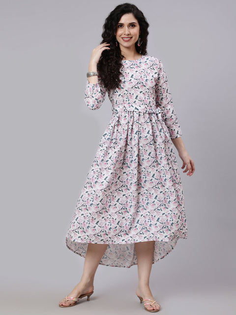 Women Off White Printed Flared Dress With Three Quarter Sleeves