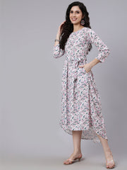 Women Off White Printed Flared Dress With Three Quarter Sleeves