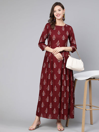 Women Burgundy Printed Flared Dress With Three Quarter Sleeves