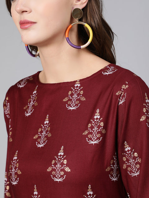 Women Burgundy Printed Flared Dress With Three Quarter Sleeves