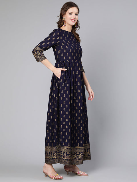 Women Blue Printed Flared Dress With Three Quarter Sleeves