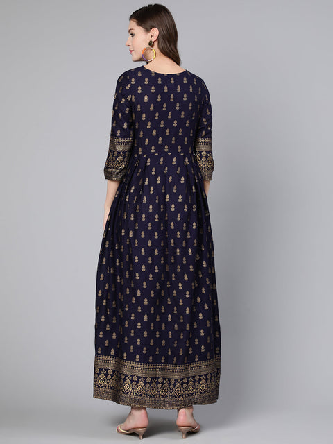 Women Blue Printed Flared Dress With Three Quarter Sleeves